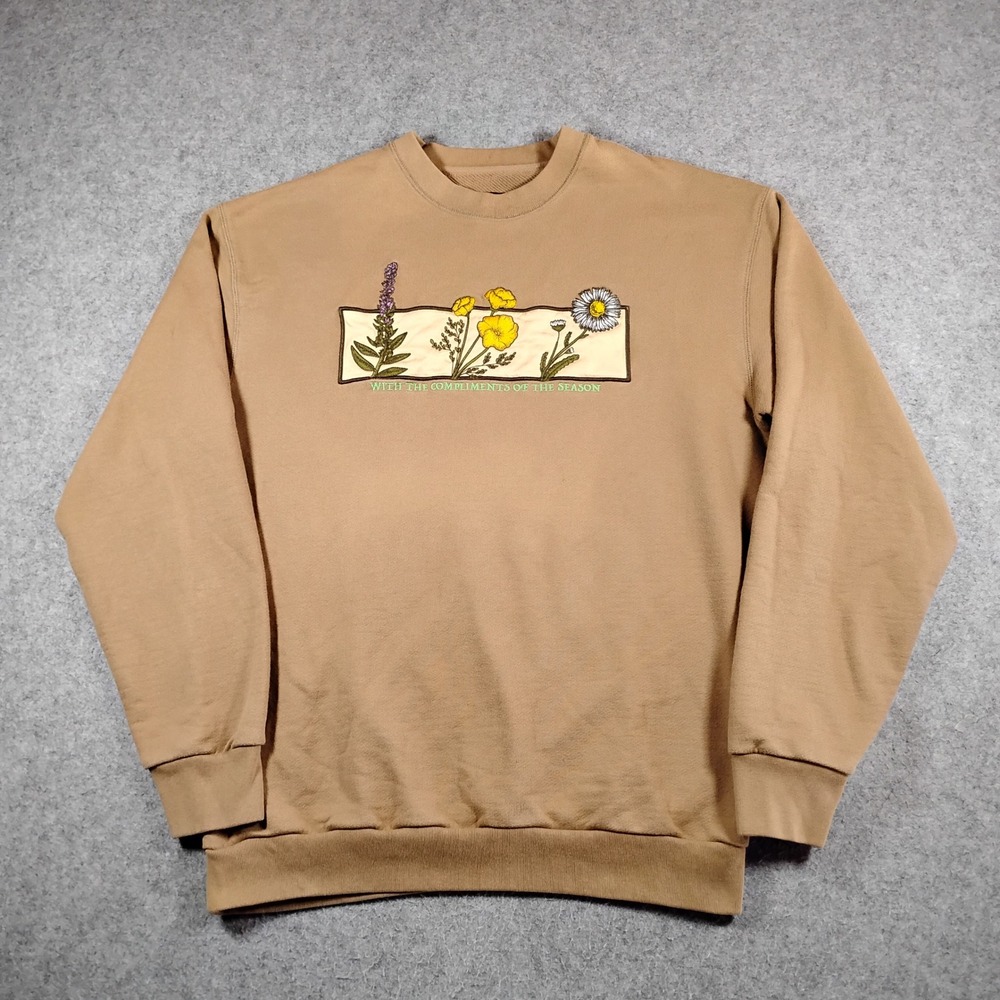 Nice Kicks Mens XL Tan Floral Embroidered Crewneck Sweatshirt With Compliments